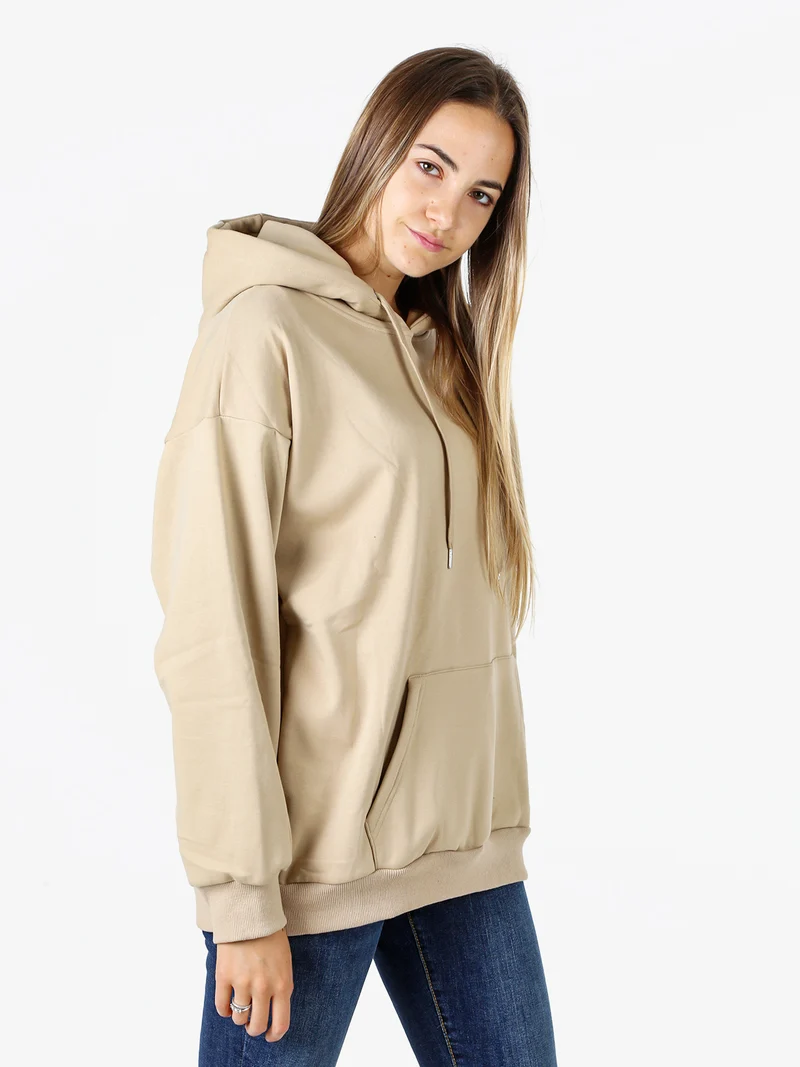 Felpa donna oversize con cappuccio e interno vellutato - beige