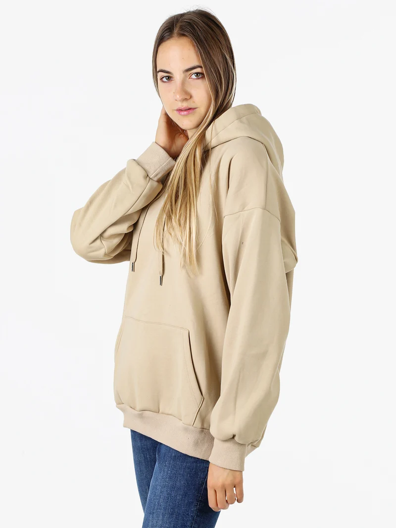Felpa donna oversize con cappuccio e interno vellutato - beige