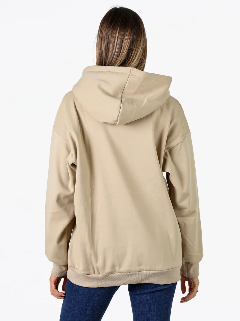 Felpa donna oversize con cappuccio e interno vellutato - beige