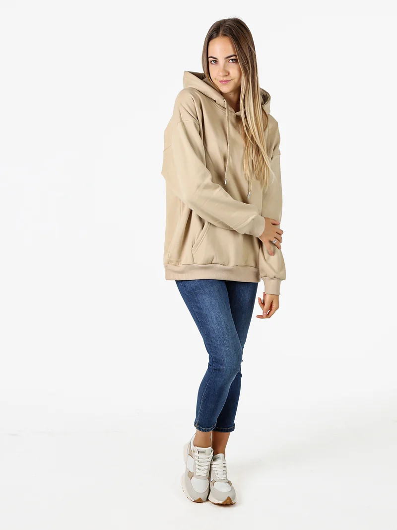 Felpa donna oversize con cappuccio e interno vellutato - beige
