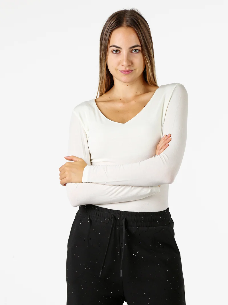 T-shirt donna a maniche lunghe con scollo a V - panna