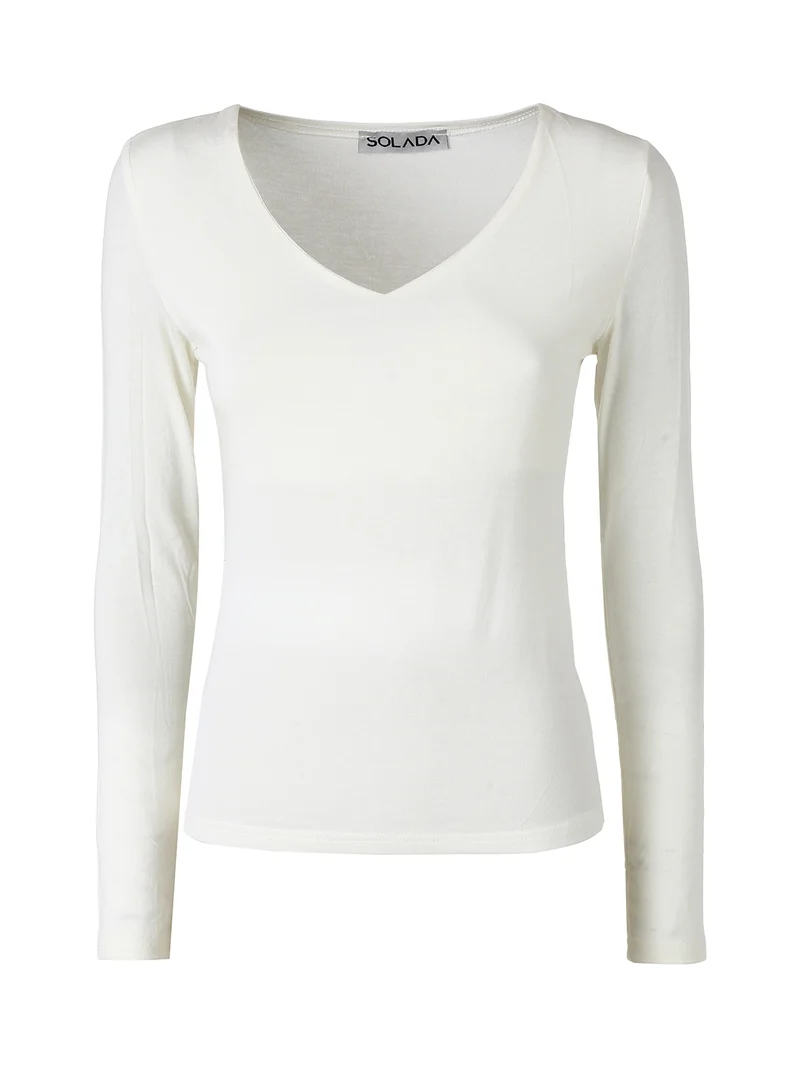 T-shirt donna a maniche lunghe con scollo a V - panna