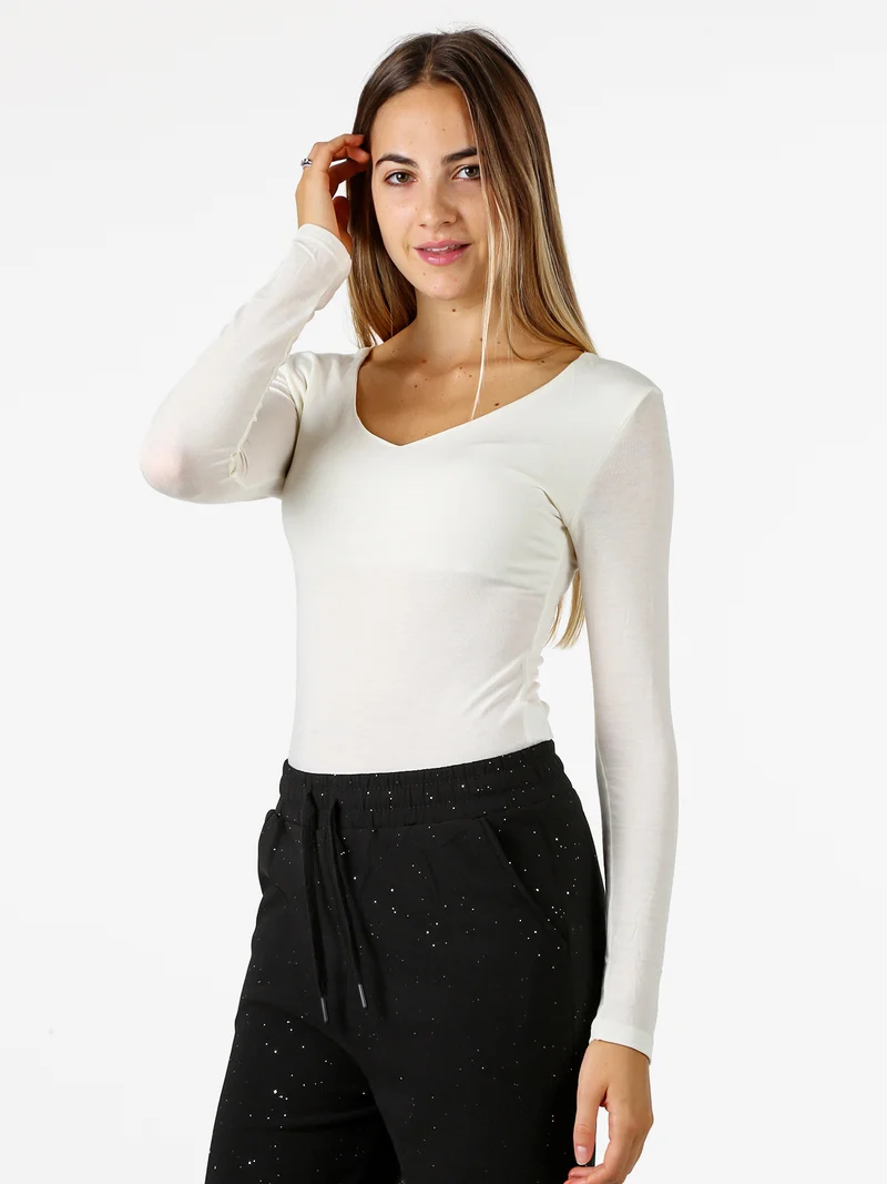 T-shirt donna a maniche lunghe con scollo a V - panna