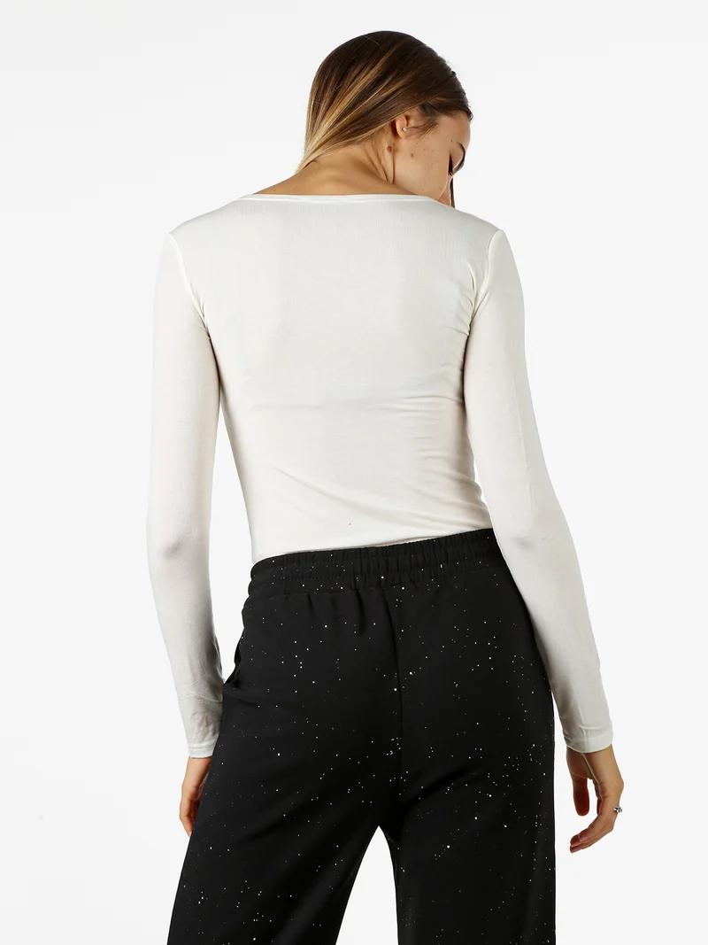 T-shirt donna a maniche lunghe con scollo a V - panna