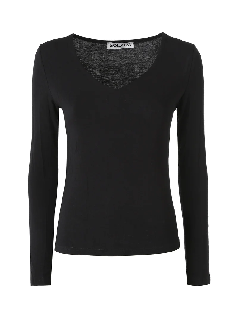 T-shirt donna a maniche lunghe con scollo a V - nero