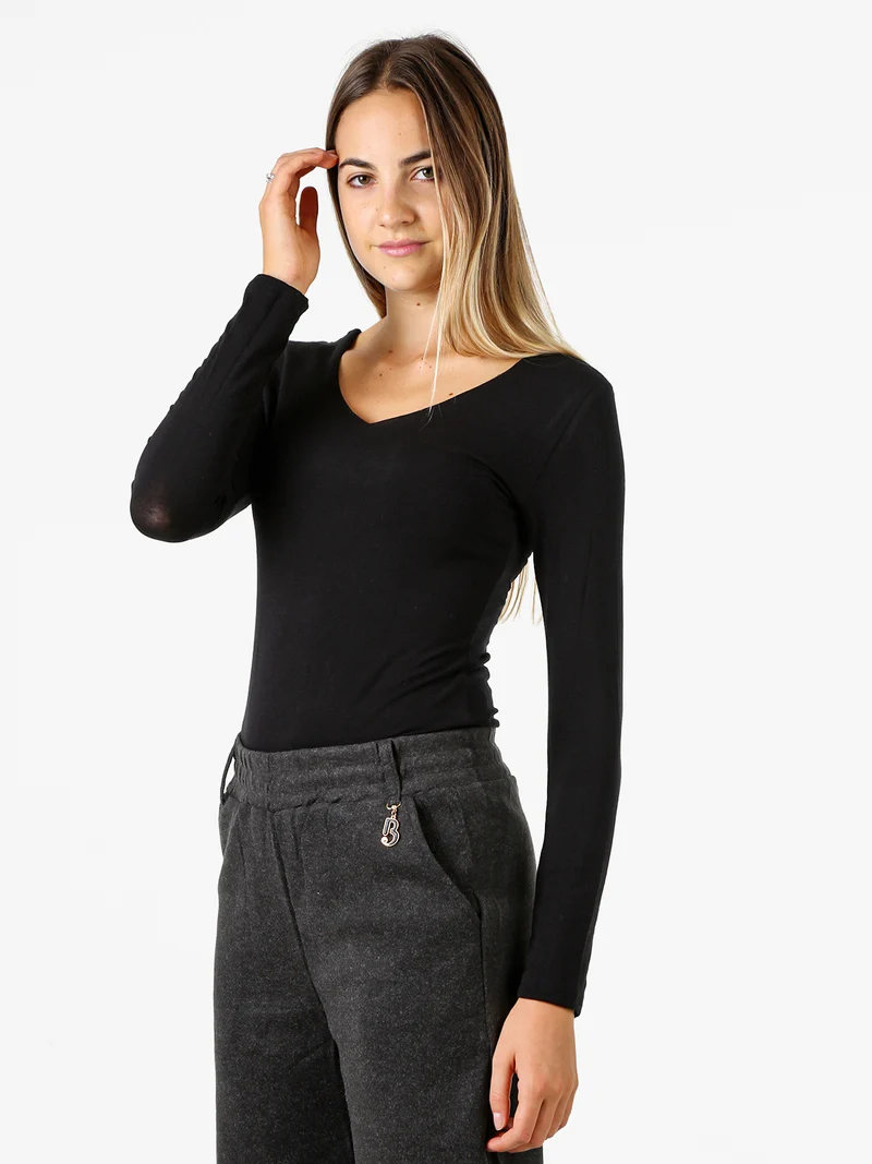 T-shirt donna a maniche lunghe con scollo a V - nero