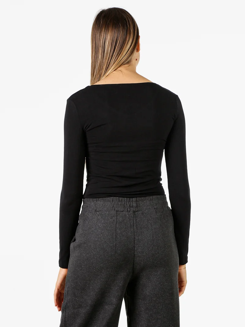 T-shirt donna a maniche lunghe con scollo a V - nero