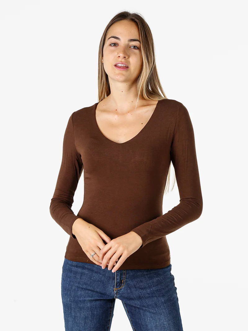 T-shirt donna a maniche lunghe con scollo a V - moro