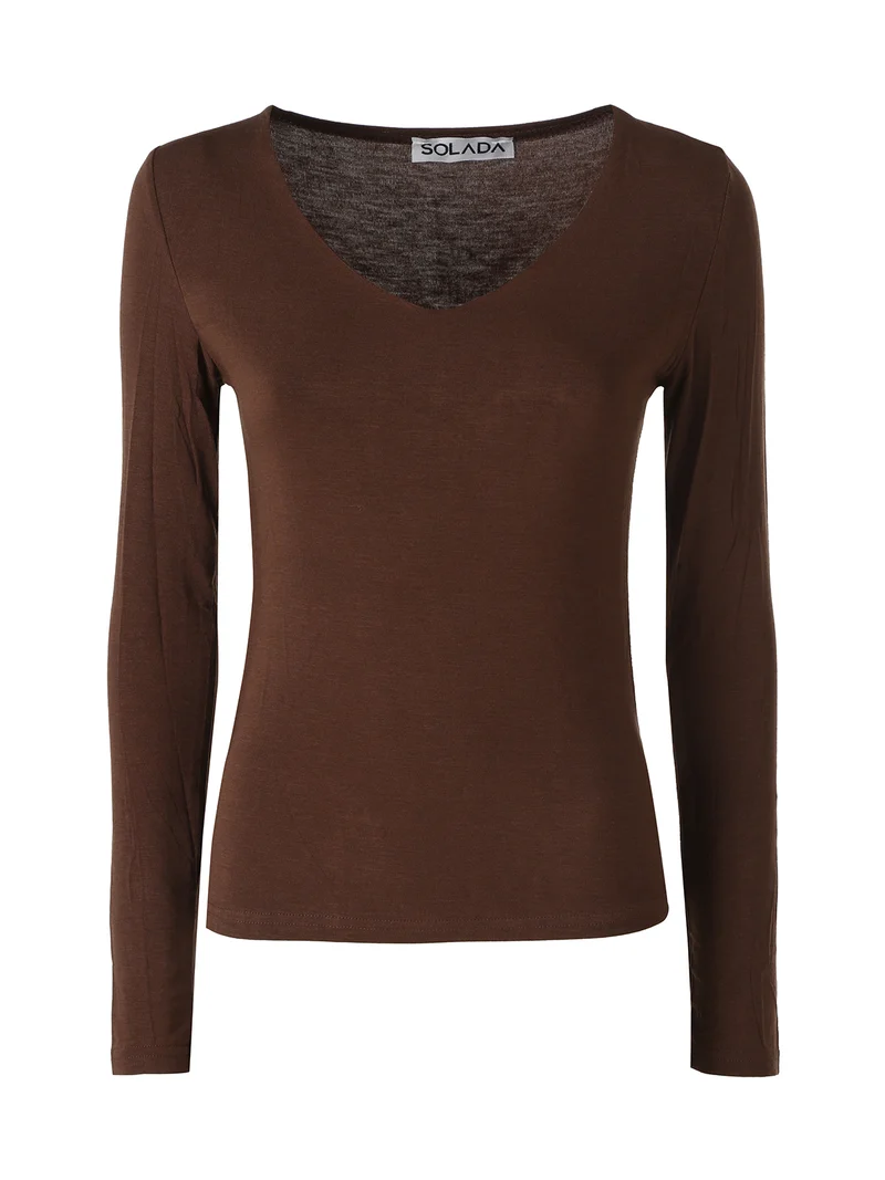 T-shirt donna a maniche lunghe con scollo a V - moro