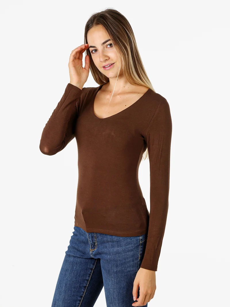 T-shirt donna a maniche lunghe con scollo a V - moro