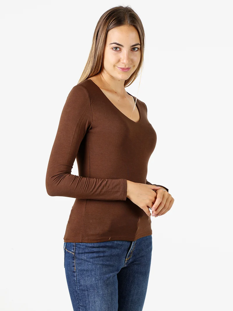 T-shirt donna a maniche lunghe con scollo a V - moro