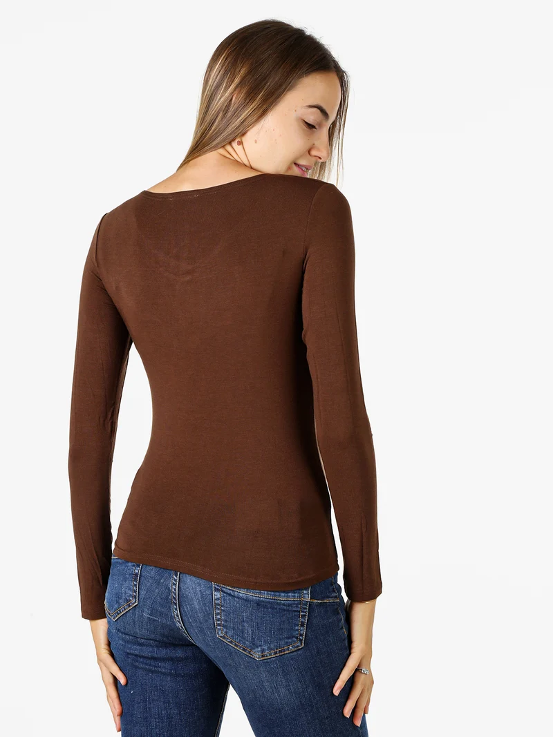 T-shirt donna a maniche lunghe con scollo a V - moro
