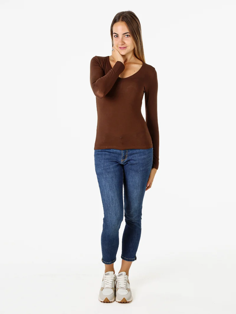 T-shirt donna a maniche lunghe con scollo a V - moro