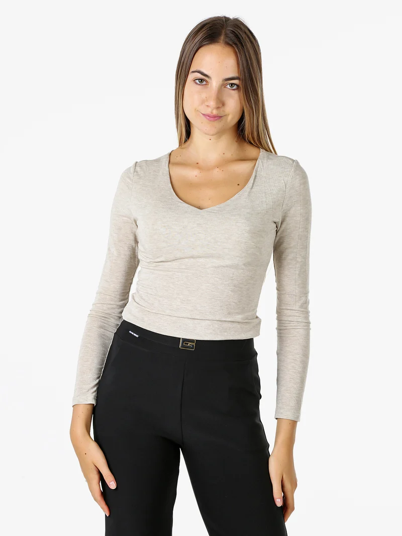 T-shirt donna a maniche lunghe con scollo a V - beige