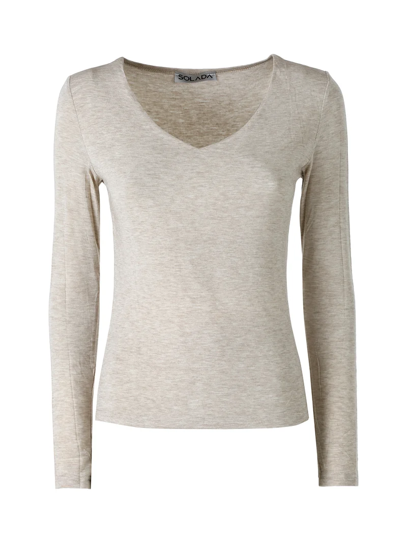 T-shirt donna a maniche lunghe con scollo a V - beige