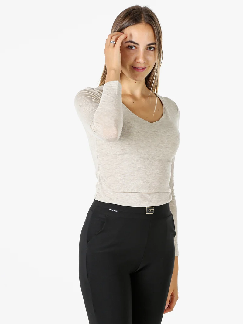 T-shirt donna a maniche lunghe con scollo a V - beige