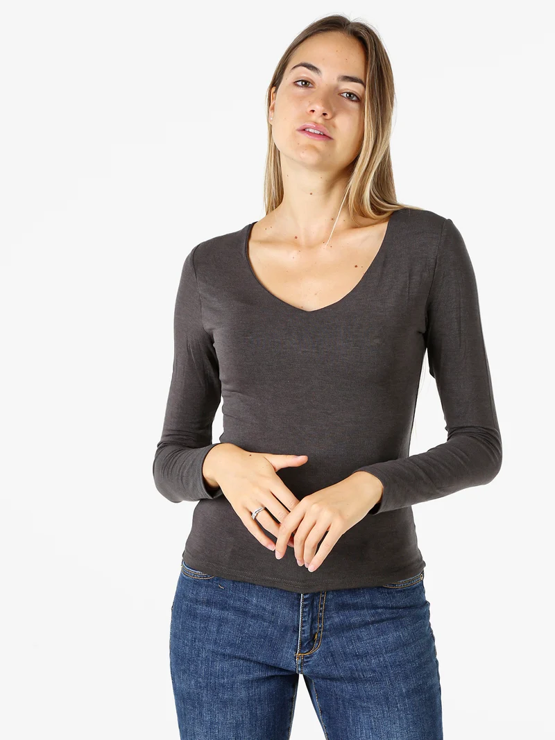 T-shirt donna a maniche lunghe con scollo a V - antracite