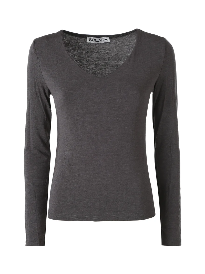 T-shirt donna a maniche lunghe con scollo a V - antracite
