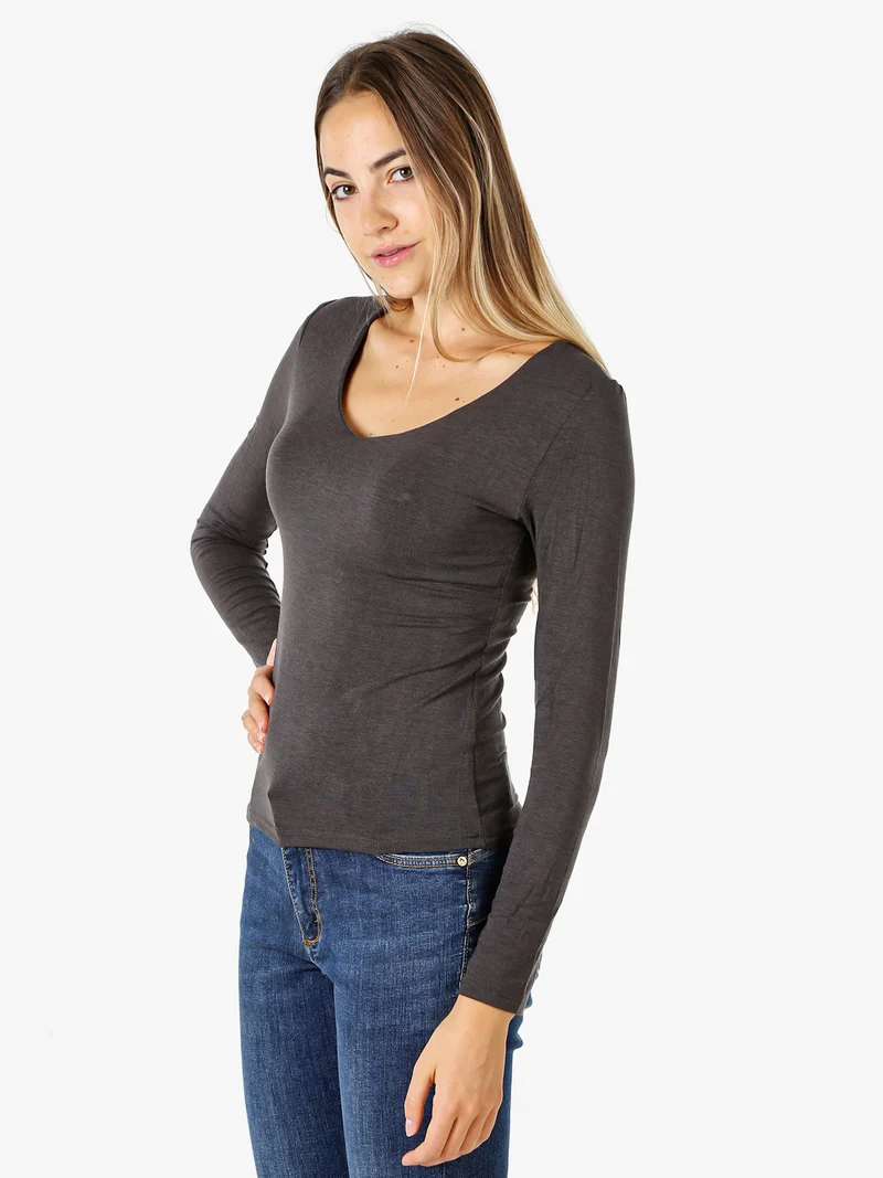 T-shirt donna a maniche lunghe con scollo a V - antracite