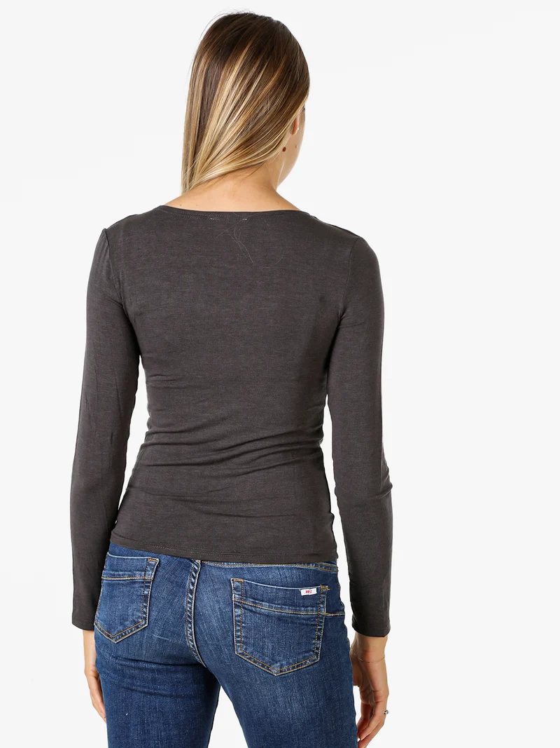 T-shirt donna a maniche lunghe con scollo a V - antracite