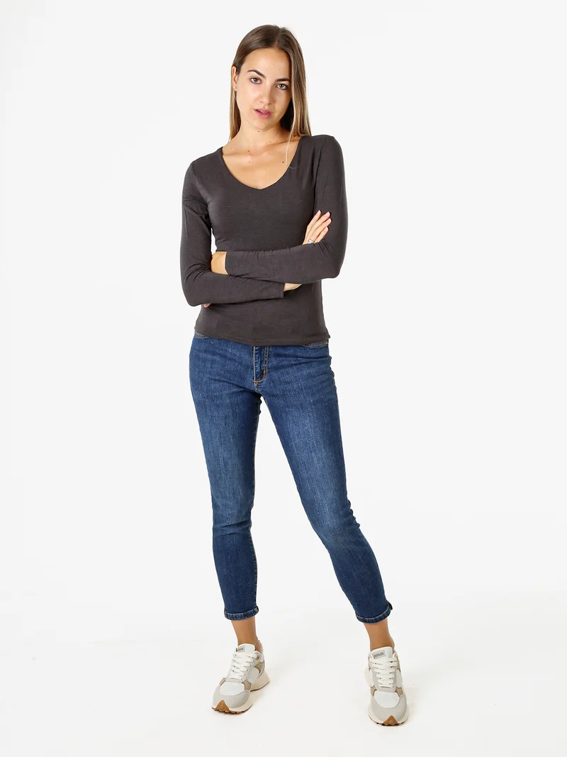 T-shirt donna a maniche lunghe con scollo a V - antracite