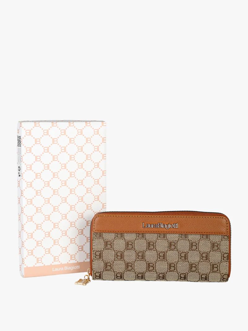 Portafoglio donna in tessuto con stampa monogramma - cuoio