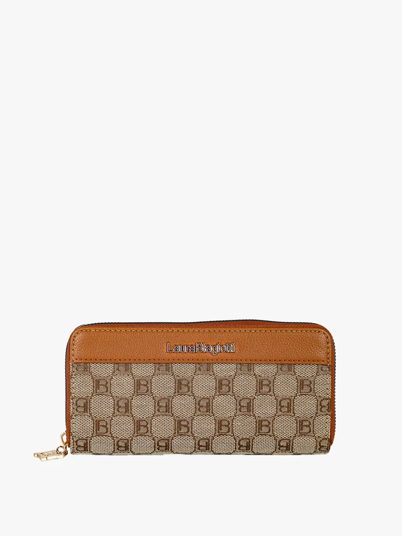 Portafoglio donna in tessuto con stampa monogramma - cuoio