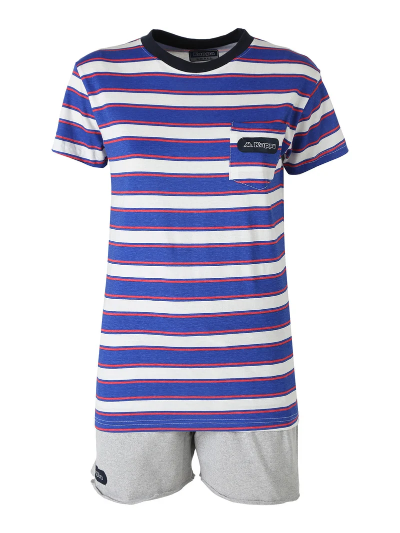 Completo corto da donna in cotone con stampa a righe e taschino - blu