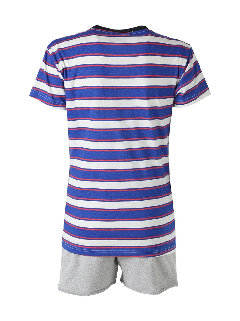 Completo corto da donna in cotone con stampa a righe e taschino - blu