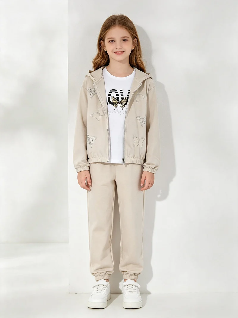 Completo tuta 3 pezzi da bambina con farfalle di strass cappuccio e zip - beige