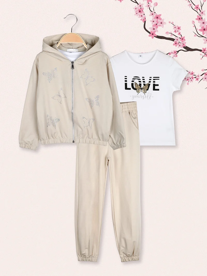 Completo tuta 3 pezzi da bambina con farfalle di strass cappuccio e zip - beige