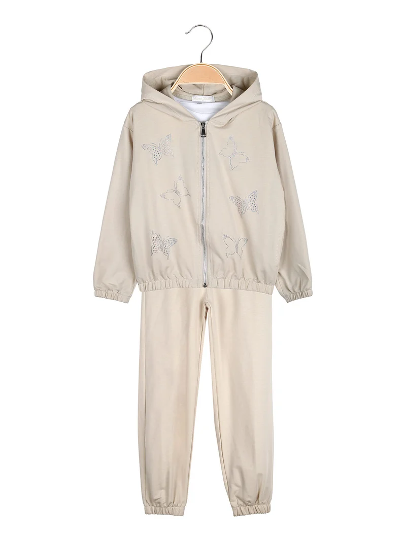 Completo tuta 3 pezzi da bambina con farfalle di strass cappuccio e zip - beige