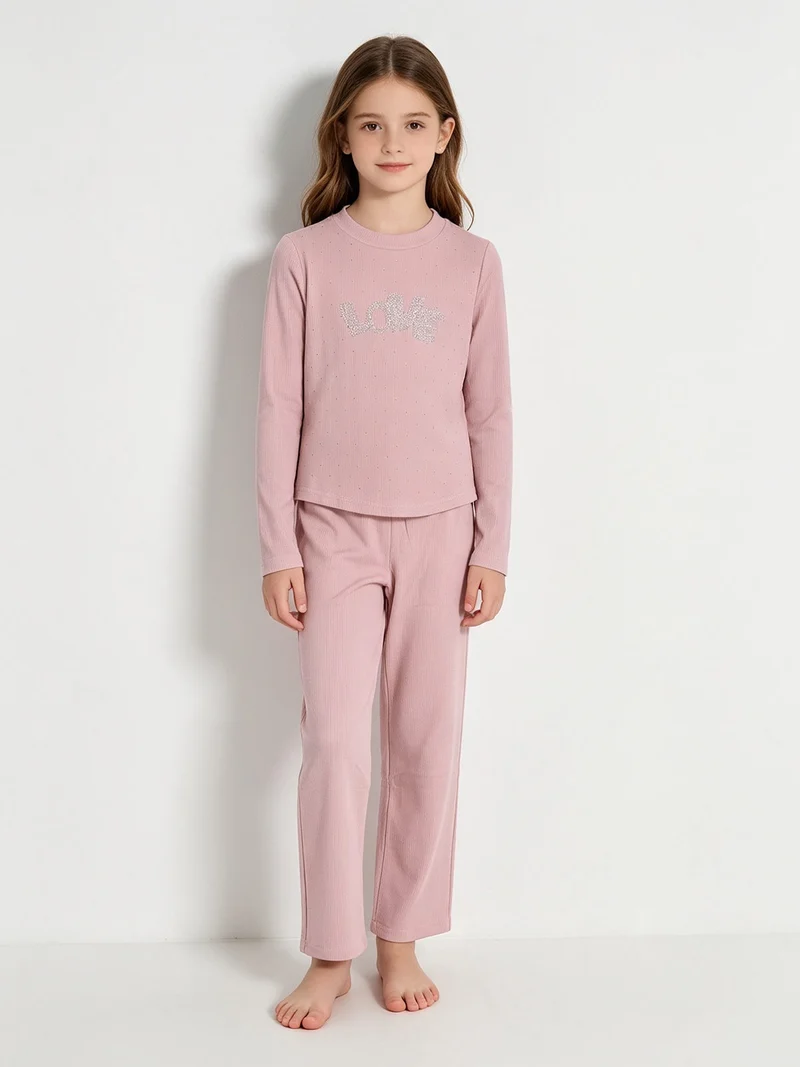 Completo 2 pezzi da bambina a coste con strass - rosa