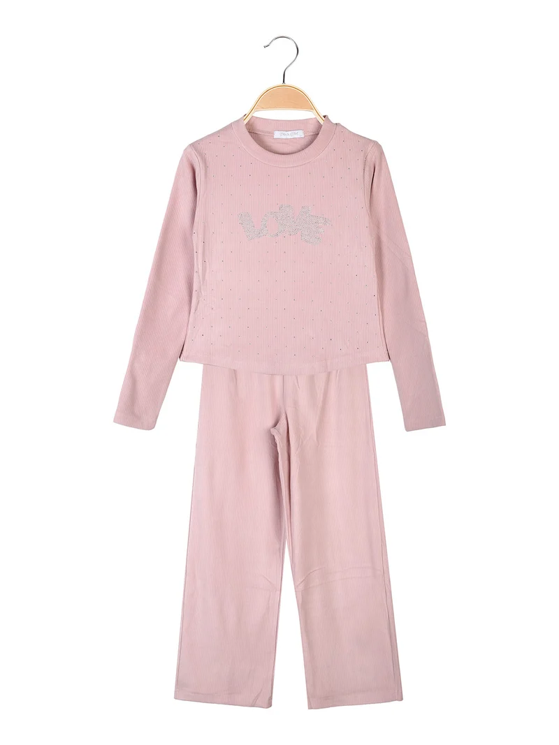 Completo 2 pezzi da bambina a coste con strass - rosa