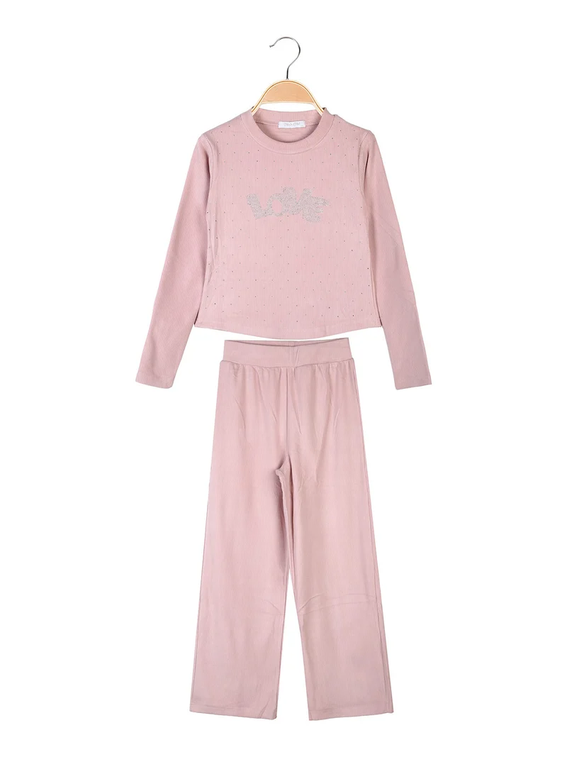 Completo 2 pezzi da bambina a coste con strass - rosa
