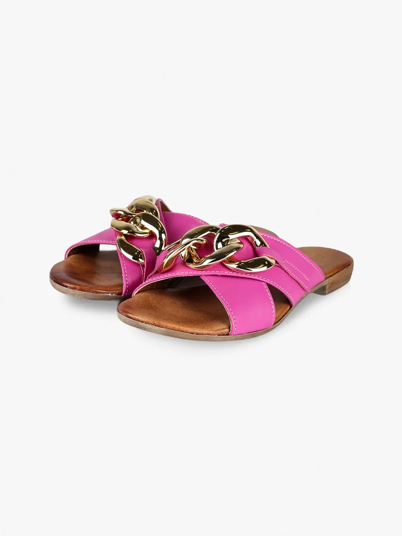 Ciabatte in pelle donna con catena - fucsia