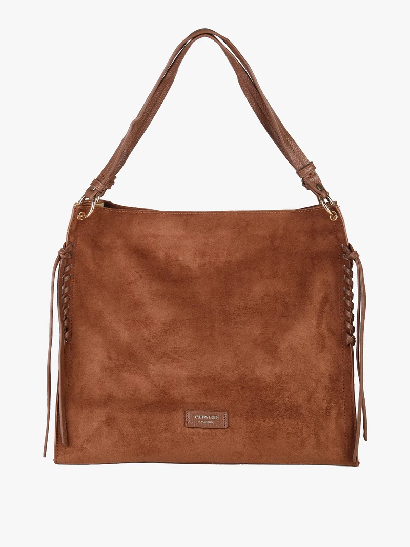 Borsa a spalla da donna in tessuto scamosciato con doppi manici - marrone