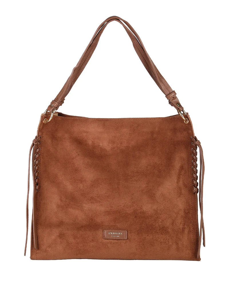 Borsa a spalla da donna in tessuto scamosciato con doppi manici - marrone