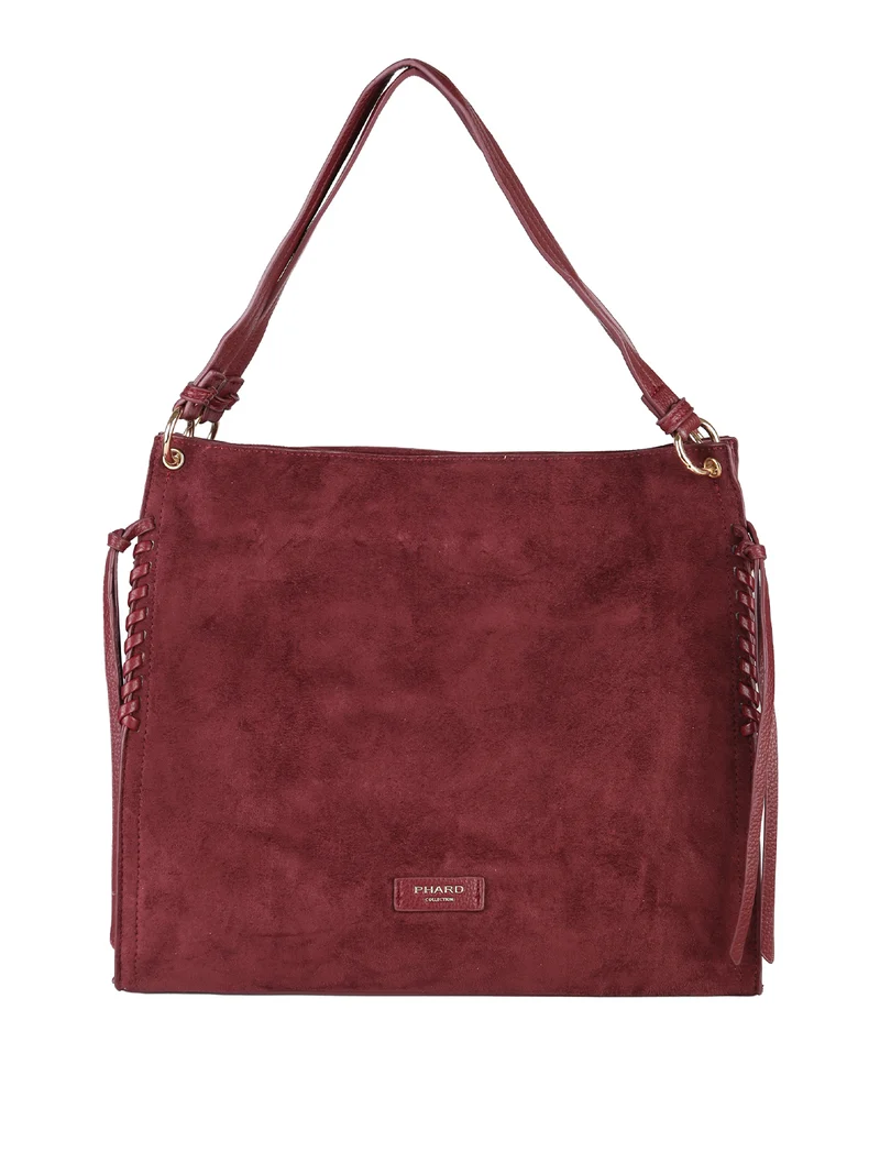 Borsa a spalla da donna in tessuto scamosciato con doppi manici - bordeaux