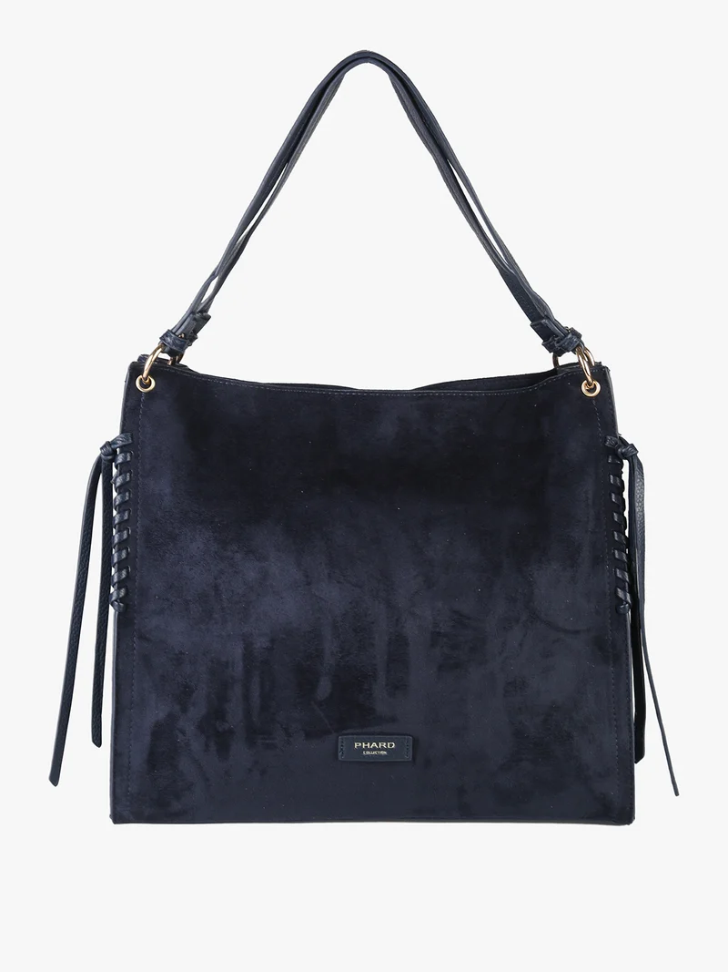 Borsa a spalla da donna in tessuto scamosciato con doppi manici - blu scuro