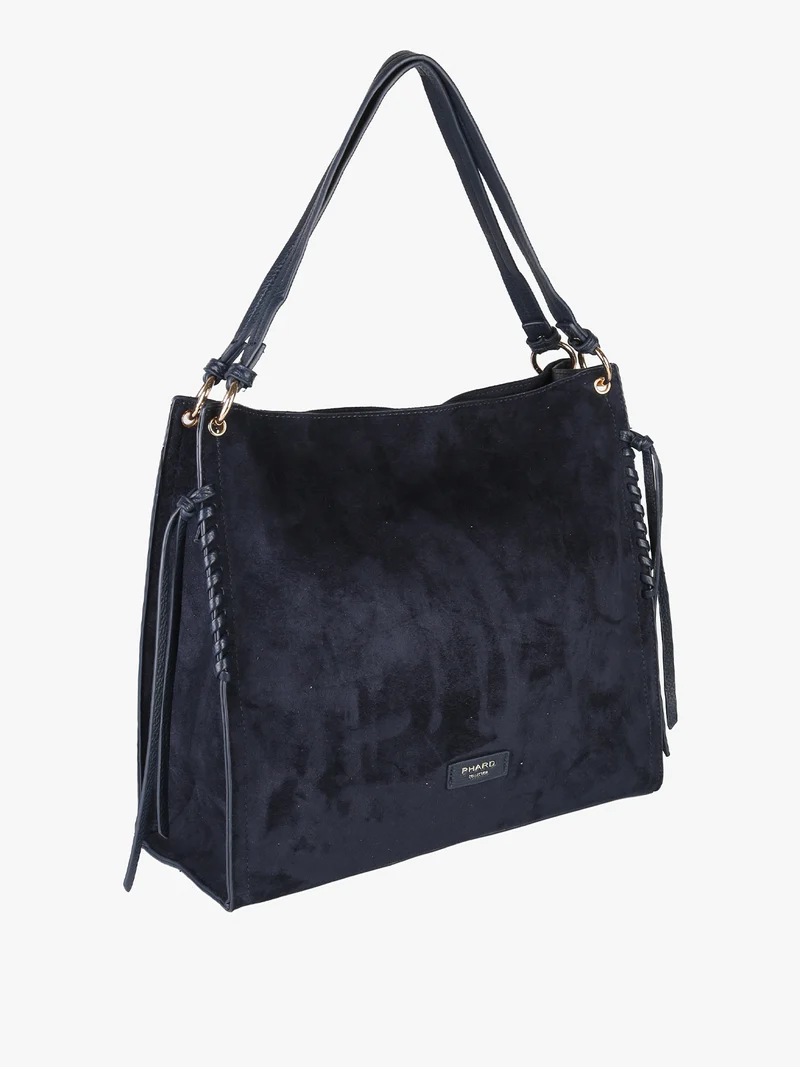 Borsa a spalla da donna in tessuto scamosciato con doppi manici - blu scuro