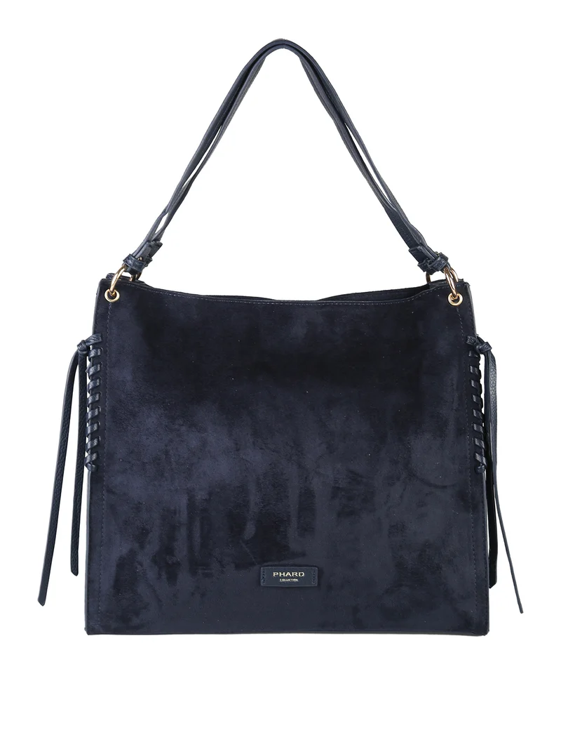 Borsa a spalla da donna in tessuto scamosciato con doppi manici - blu scuro