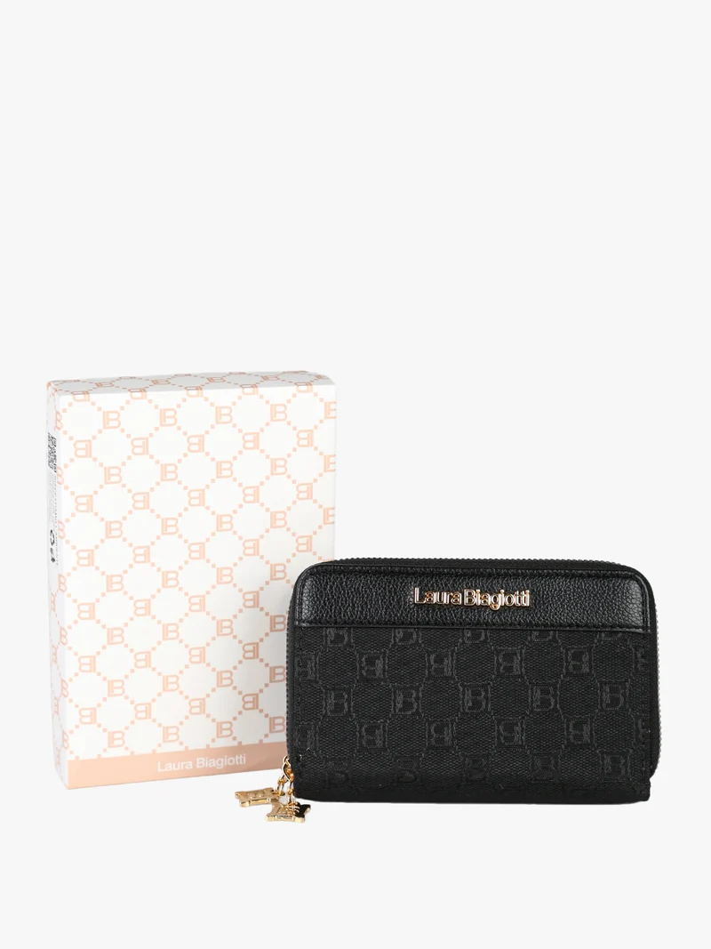 Portafoglio donna in tessuto con stampa monogramma e doppia tasca con zip - nero