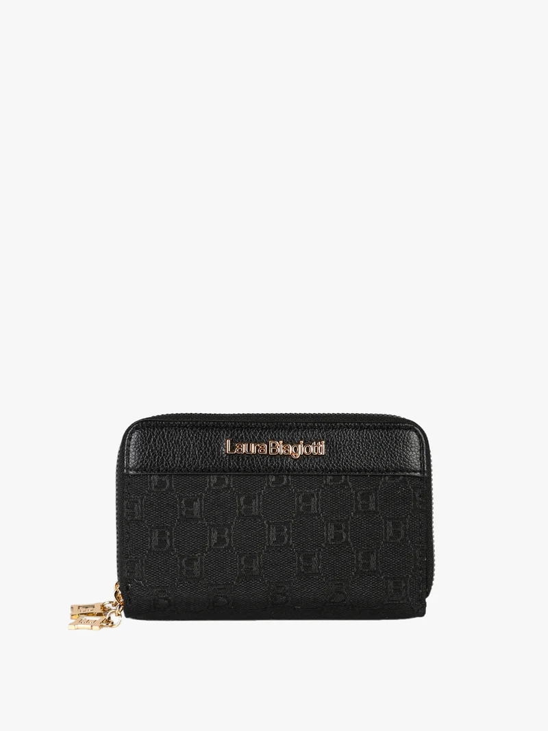 Portafoglio donna in tessuto con stampa monogramma e doppia tasca con zip - nero
