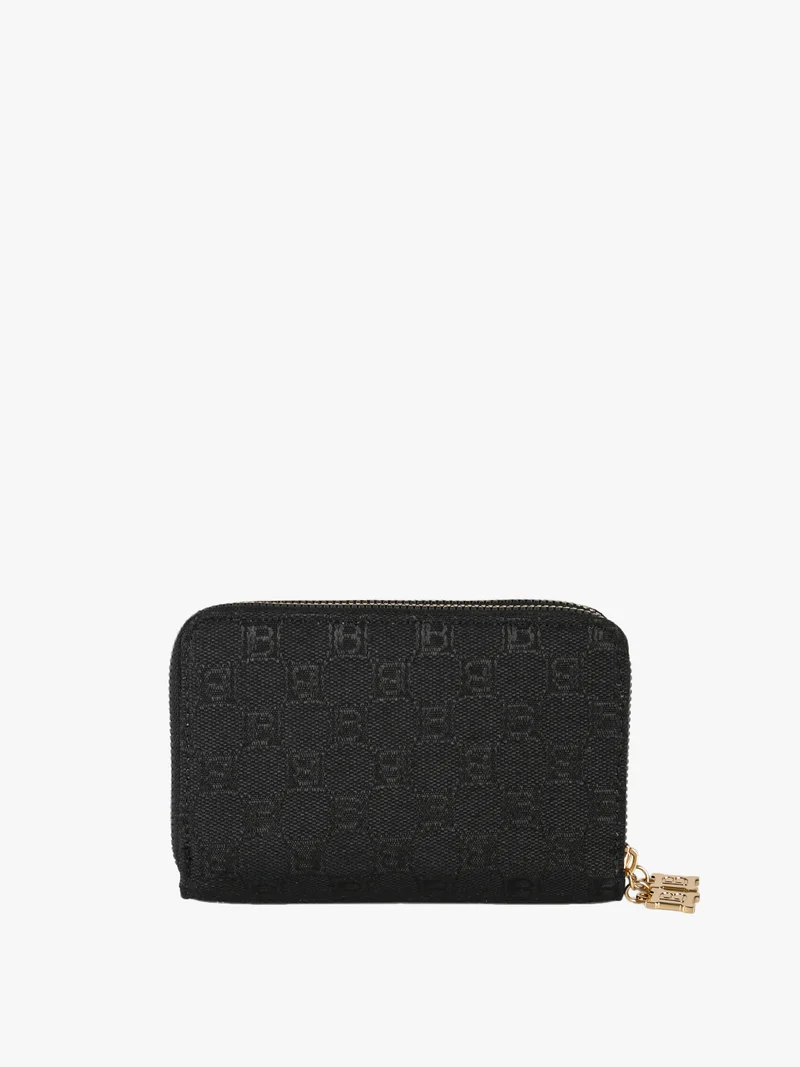 Portafoglio donna in tessuto con stampa monogramma e doppia tasca con zip - nero