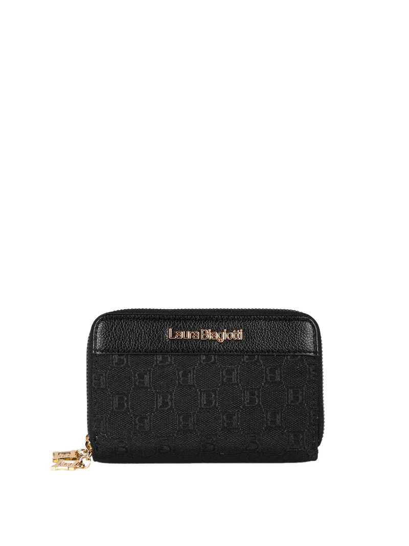 Portafoglio donna in tessuto con stampa monogramma e doppia tasca con zip - nero