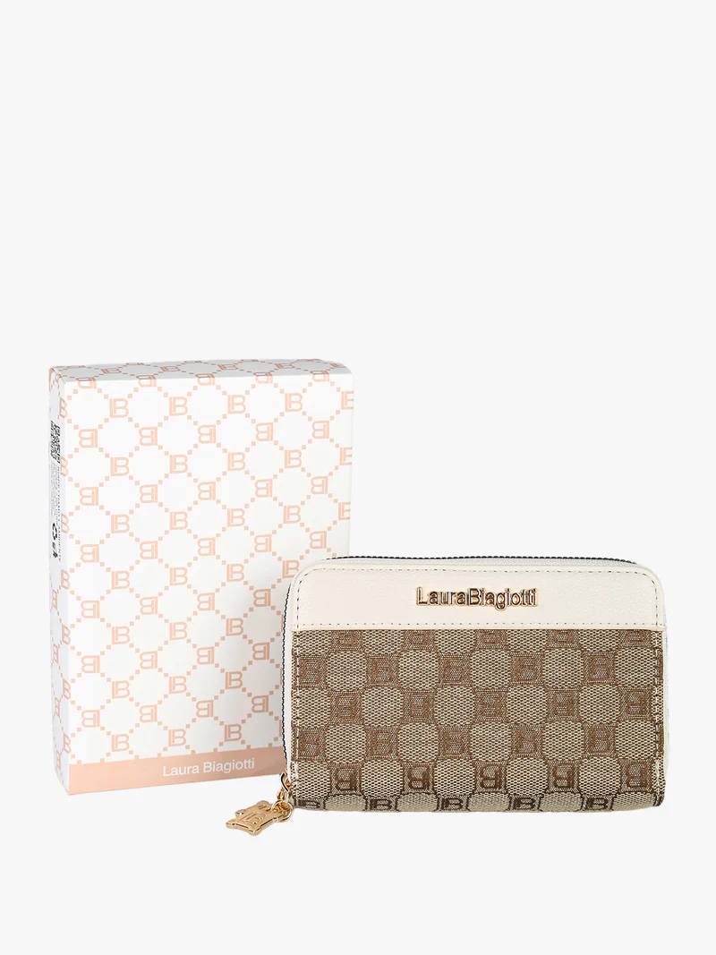 Portafoglio donna in tessuto con stampa monogramma e doppia tasca con zip - panna