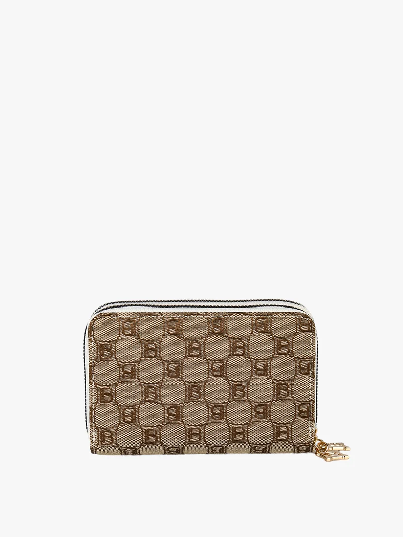 Portafoglio donna in tessuto con stampa monogramma e doppia tasca con zip - panna