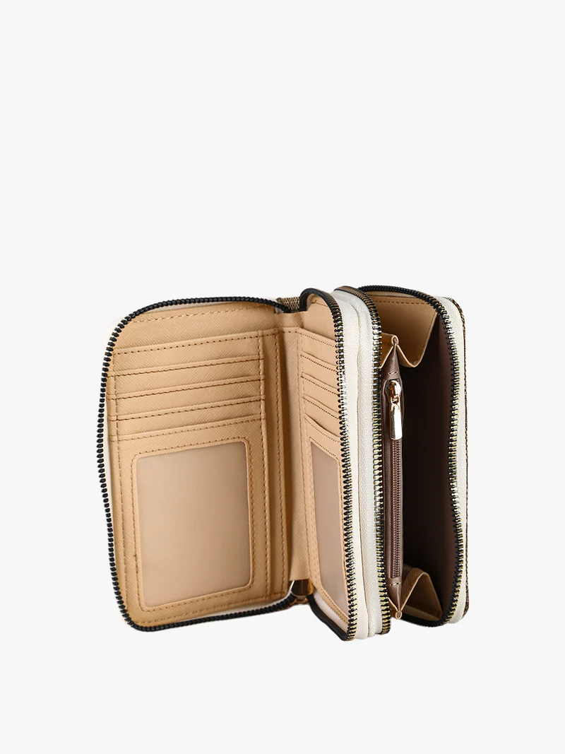 Portafoglio donna in tessuto con stampa monogramma e doppia tasca con zip - panna