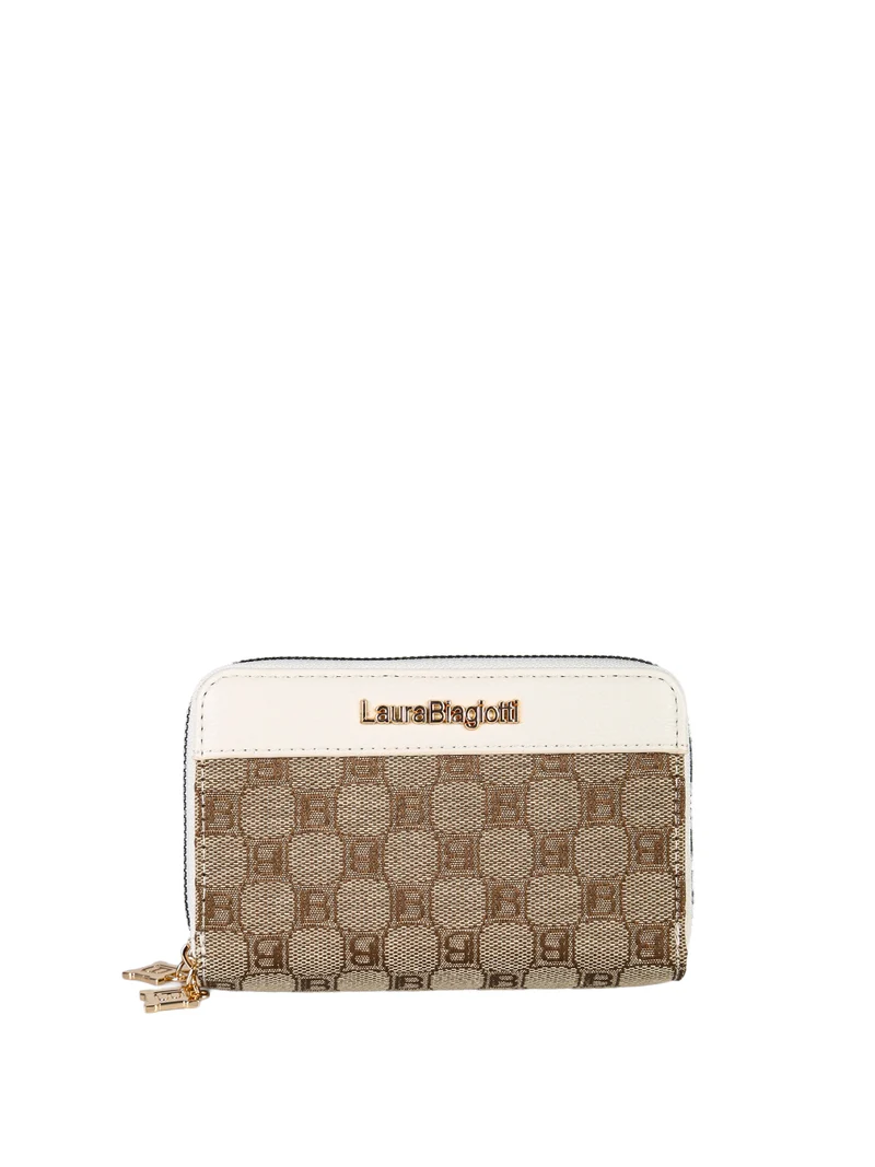 Portafoglio donna in tessuto con stampa monogramma e doppia tasca con zip - panna